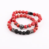 CZ Pave Crown Charm Lion Bracelet, Natural Stone, Elastic, Men Women