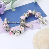 Pink Crystal Bracelet with Rose Beads and Hollowed Out Ornaments