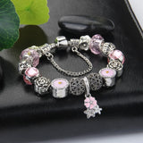 Pink Crystal Bracelet with Rose Beads and Hollowed Out Ornaments