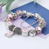 Pink Crystal Bracelet with Rose Beads and Hollowed Out Ornaments