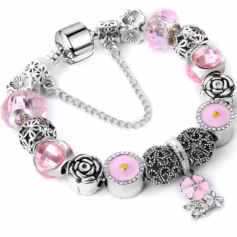 Pink Crystal Bracelet with Rose Beads and Hollowed Out Ornaments