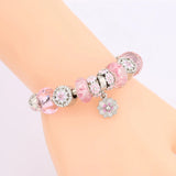 Pink Crystal Enamel Cherry Blossoms Flower Charm Bracelet Silver