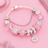 Pink Crystal Enamel Cherry Blossoms Flower Charm Bracelet Silver