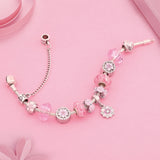 Pink Crystal Enamel Cherry Blossoms Flower Charm Bracelet Silver