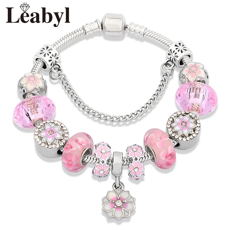 Pink Crystal Enamel Cherry Blossoms Flower Charm Bracelet Silver