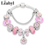Pink Crystal Enamel Cherry Blossoms Flower Charm Bracelet Silver