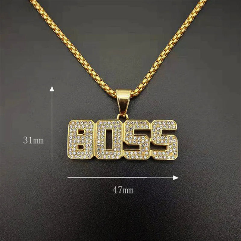 Hip Hop Boss Letters Pendant Necklace Men's Zircon Jewelry