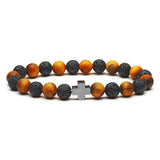 8mm Natural Stone Hematite Tiger Eye Agates Bracelet with Cross Alloy Decoration