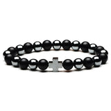 8mm Natural Stone Hematite Tiger Eye Agates Bracelet with Cross Alloy Decoration