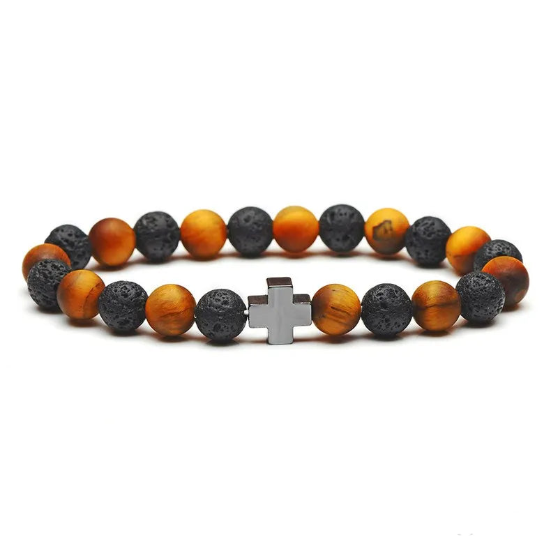 8mm Natural Stone Hematite Tiger Eye Agates Bracelet with Cross Alloy Decoration