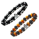 8mm Natural Stone Hematite Tiger Eye Agates Bracelet with Cross Alloy Decoration