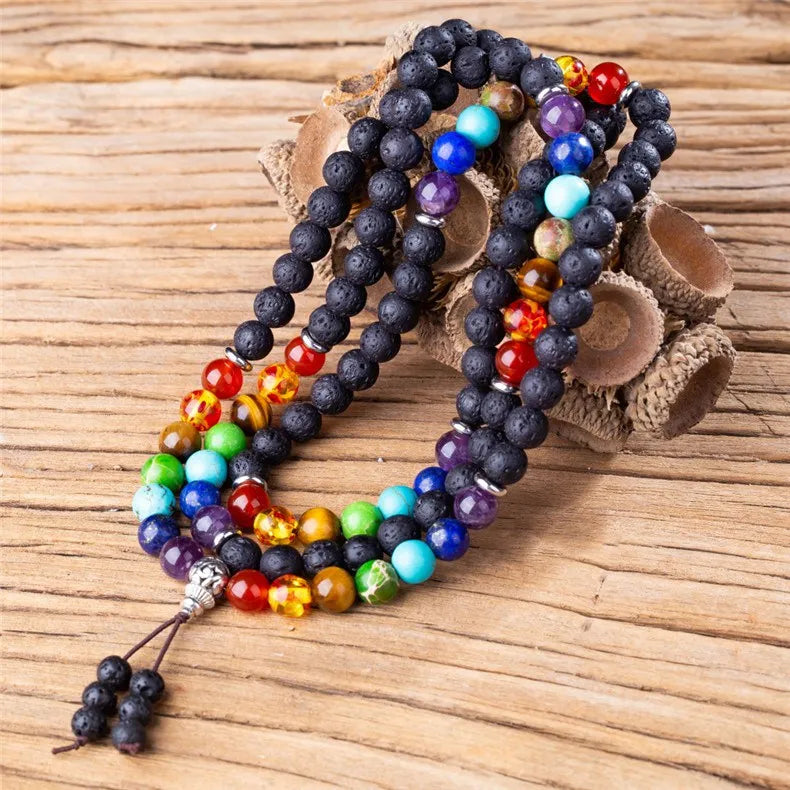 Volcanic Rock Stone Seven Chakra 108 Beads Bracelet Necklace