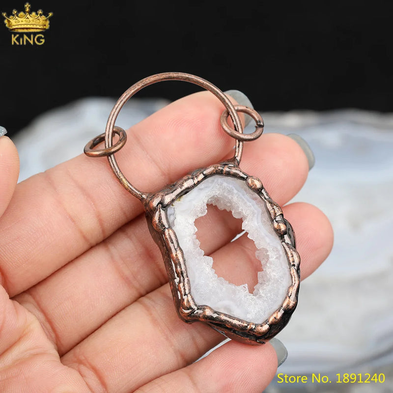 Druzy Geode Stone Slab Pendant, Bronze Agate Beads for DIY Jewelry Making