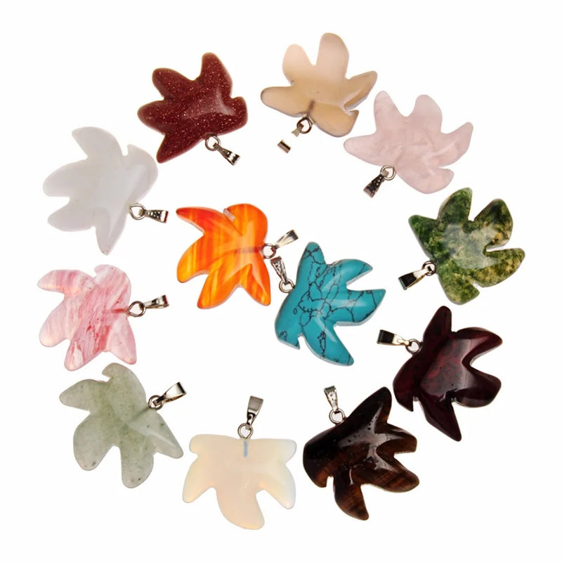 12Pcs Natural Gem Stone Maple Leaf Charms Pendants DIY Necklace