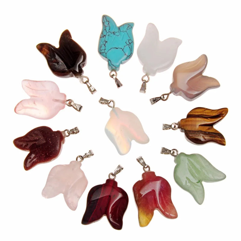 Natural Stone Tree Leaf Charm Pendant Hand Carved Bead 12pcs/lot