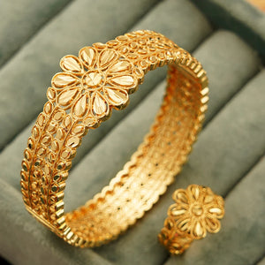 Dubai Bridal 24K Plated Openwork Copper Bracelet Ring Set