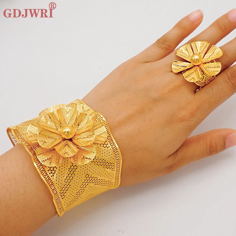 Dubai Flower Bangle & Ring Set Women Cuff Bracelet Nigerian Wedding