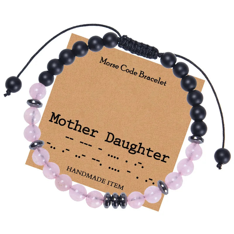 Pink Natural Stone Morse Code Mother Daughter Bracelets