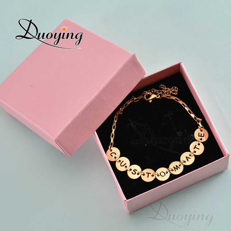 Duoying Letter Charms 26 Alphabet Coin Bracelet Stainless Steel Square Chain
