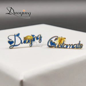 Custom Enamel Nameplate Earrings, Cursive Initial Stud, Mom Gift