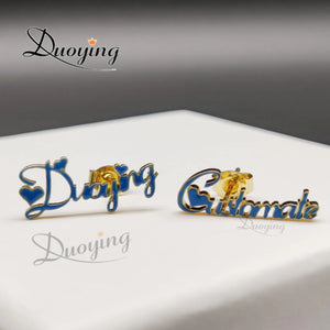 Custom Enamel Nameplate Earrings, Cursive Initial Stud, Mom Gift