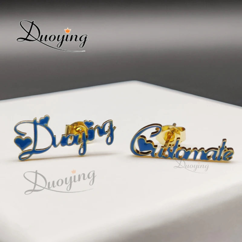 Custom Enamel Nameplate Earrings, Cursive Initial Stud, Mom Gift