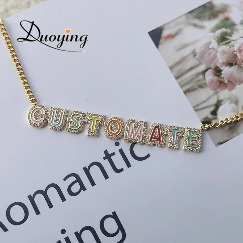 Personalized Rainbow Enamel Choker Necklace with Zirconia Nameplate