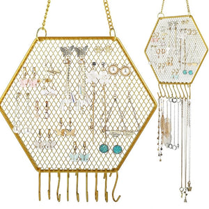 Hexagon Earring Stud Wall Mounted Jewelry Organizer with Hooks