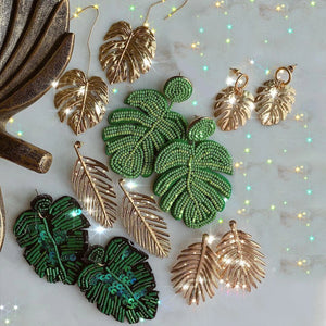 Bohemian Green Leaf Bead Drop Earrings Women Round Dangle Jewelry