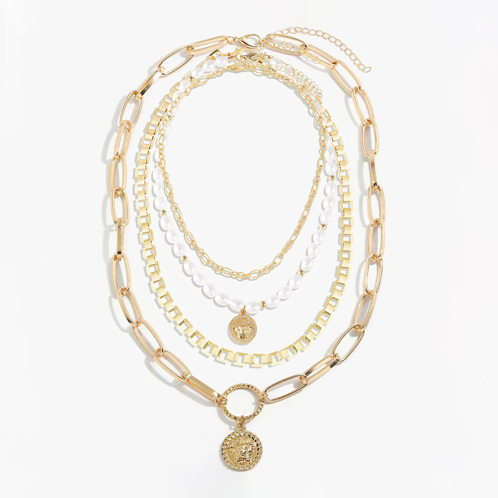 Boho Layer Portrait Pendant Necklace Women Vintage Geometric Chain Necklace