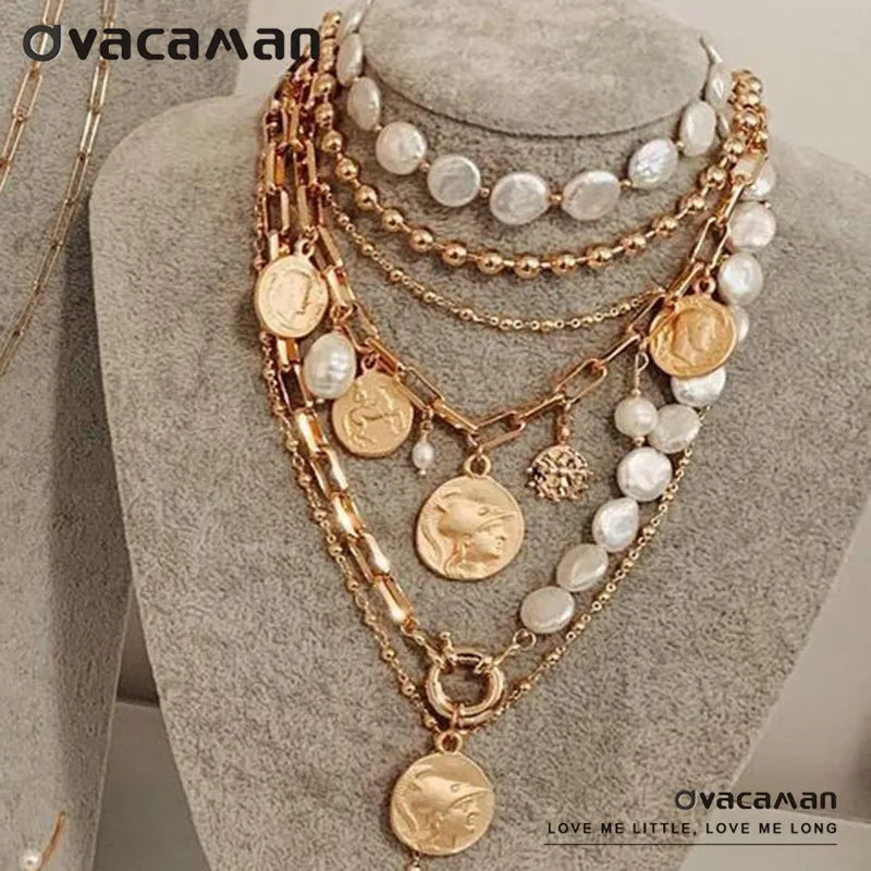 Boho Layer Portrait Pendant Necklace Women Vintage Geometric Chain Necklace