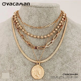 Boho Layer Portrait Pendant Necklace Women Vintage Geometric Chain Necklace