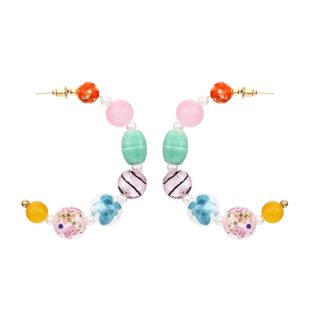 Bohemian Beaded Hoop Earrings Colorful Stone Statement Jewelry