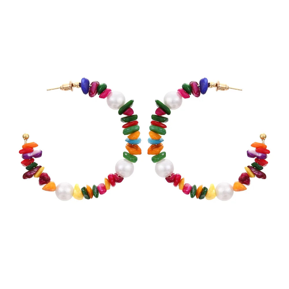 Bohemian Beaded Hoop Earrings Colorful Stone Statement Jewelry