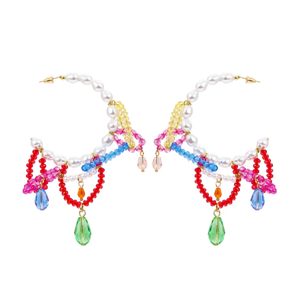 Bohemian Beaded Hoop Earrings Colorful Stone Statement Jewelry
