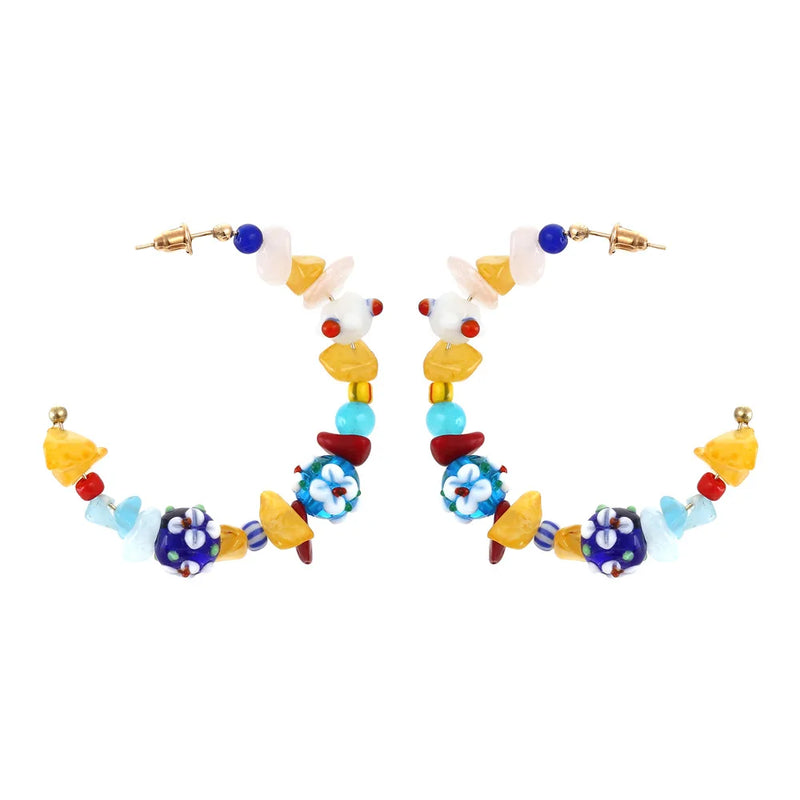 Bohemian Beaded Hoop Earrings Colorful Stone Statement Jewelry