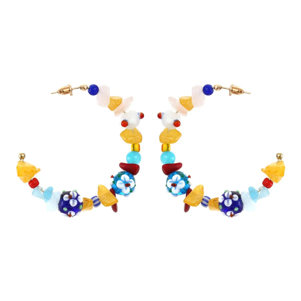 Bohemian Beaded Hoop Earrings Colorful Stone Statement Jewelry