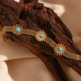 Turquoise Sunflower Mesh Bracelet Stainless Steel 18K Plated