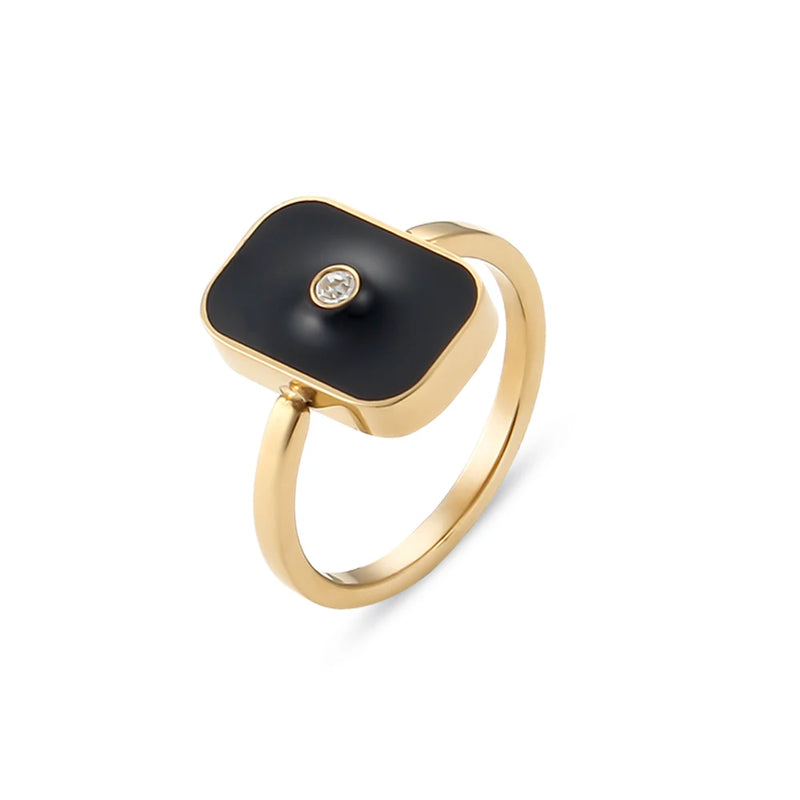 Enamel Square CZ Stone Ring Stainless Steel Plated Vintage Geometric Rings