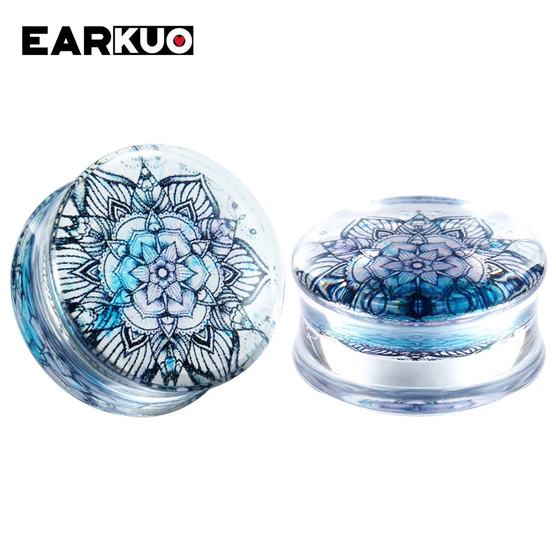 EARKUO Flower Transparent Ear Tunnels Multicolour Stone Wave Earring 2PCS