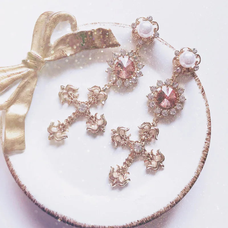 EARS Women Drop Earrings Barque Style Rhinestone Simulated Pearl Vintage Jewelry