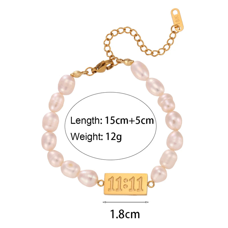 11:11 Angel Number Charm Freshwater Pearl Bracelet for Women Girls