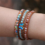 Butterfly Charm Bracelet Amazonite Stone Bead Leather Bracelet