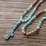 8MM Amazonite Stone Necklace Cross Pendant Nepal Style Jewelry for Women