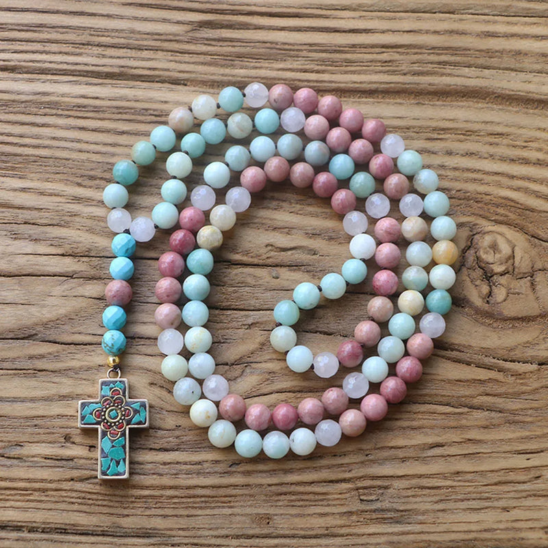 8MM Amazonite Stone Necklace Cross Pendant Nepal Style Jewelry for Women