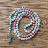 8MM Amazonite Stone Necklace Cross Pendant Nepal Style Jewelry for Women