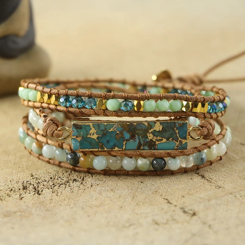 Amazonite Stone Beads Leather Wrap Bracelet