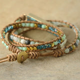 Amazonite Stone Beads Leather Wrap Bracelet