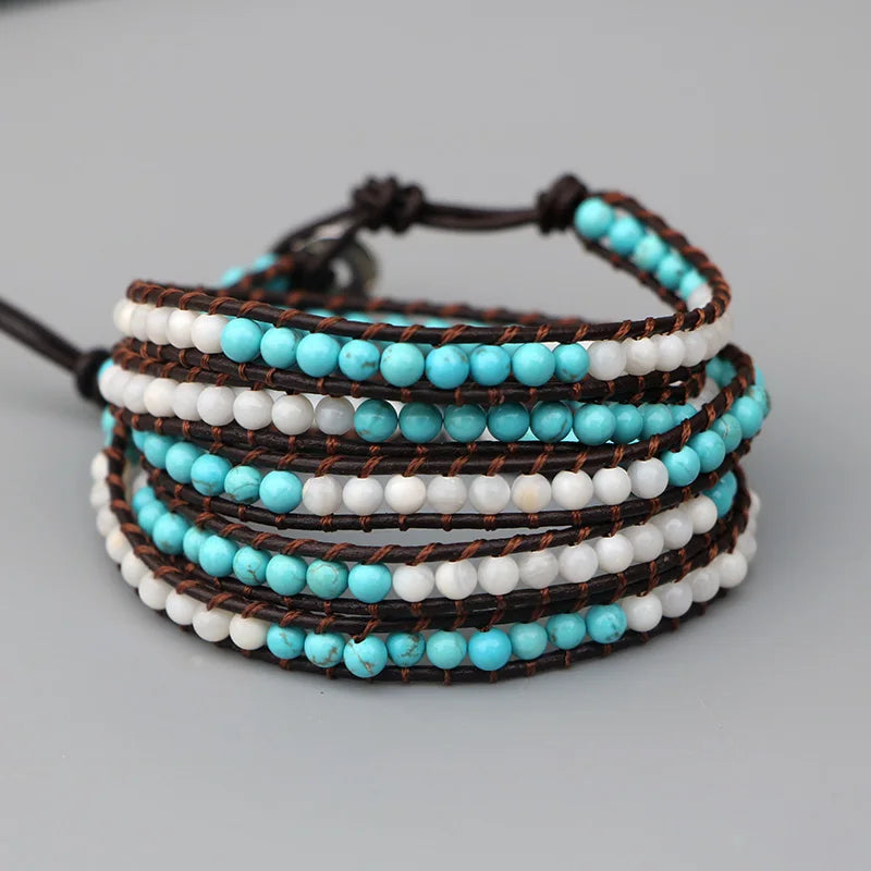 Women Leather Bead Bracelet with Shell Beads Turquoise Wrap Bijoux