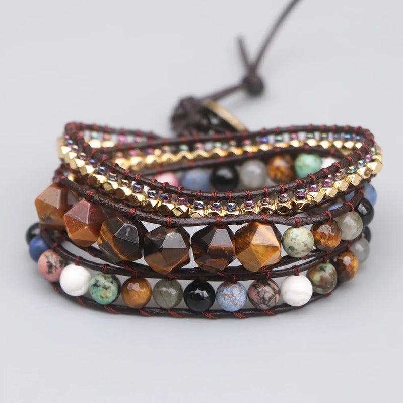 Tiger Eye Big Facted Stone Bead Wrap Bracelet Boho Seed Beads